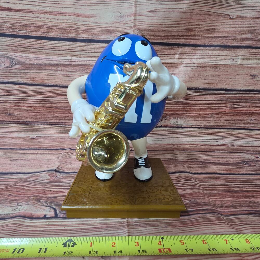 Vintage 90s M&M blue/sax mars plastic candy dispenser blue/white